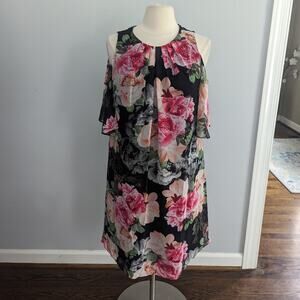 Women's Calvin Klein Black Pink Rose Floral Chiffon Cold Shoulder Dress 12